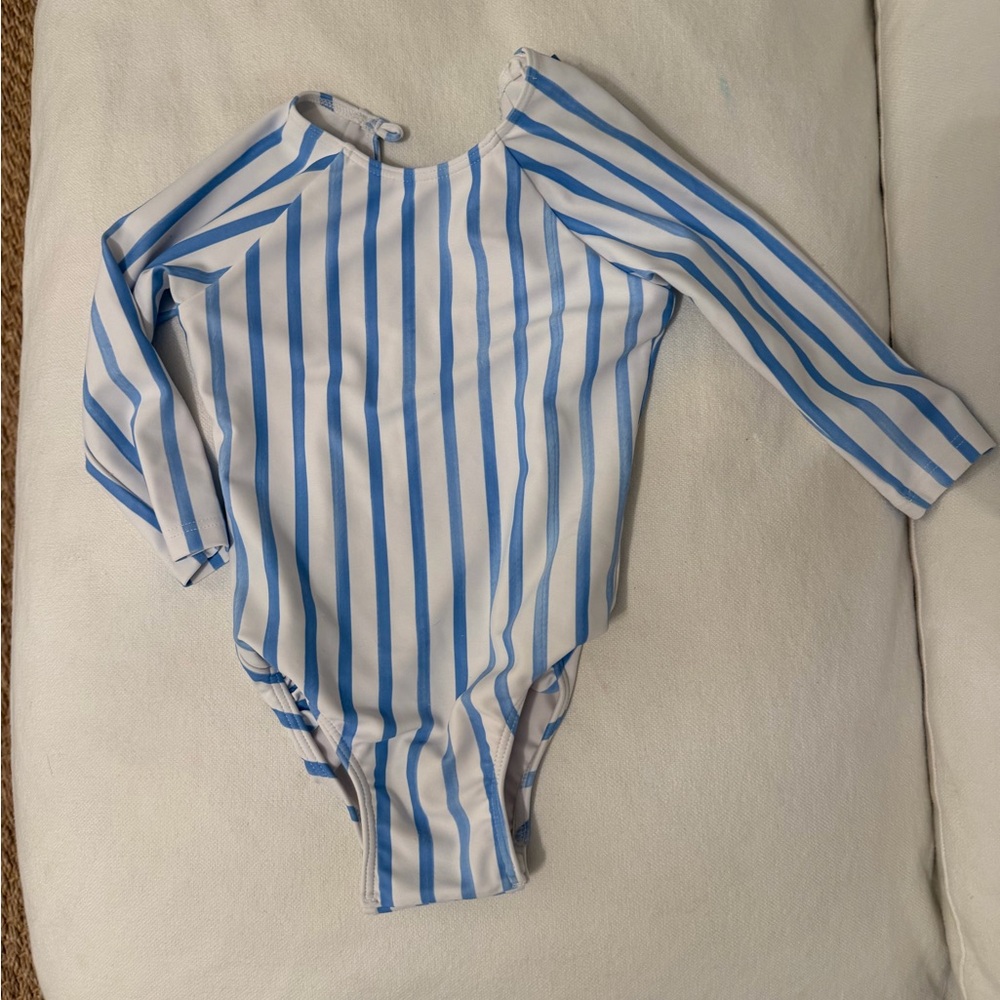 Minnow Swim- Baby Size 1- Long Sleeve Rashguard One-Piece - Blue & White Stripes